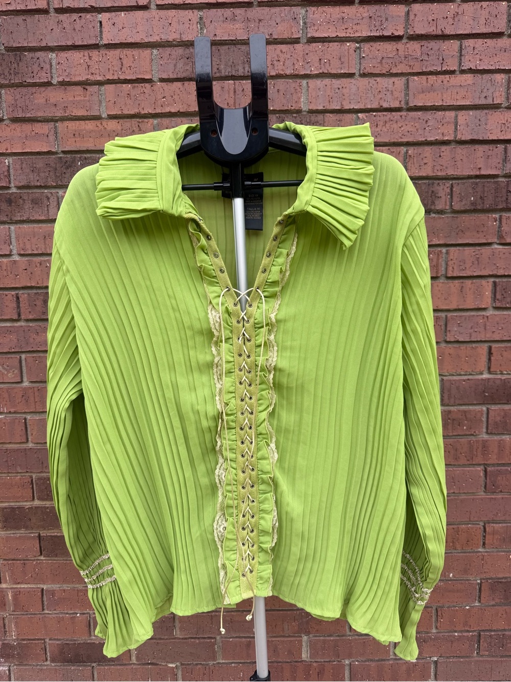 Vintage Ashley Stewart Y2K Lime Green Pleated Lace Up Fairycore Blouse 1X 90s